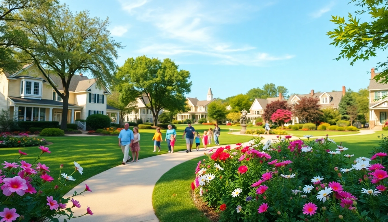 Families enjoying outdoor activities in Clarksburg's vibrant central park with blooming flowers.