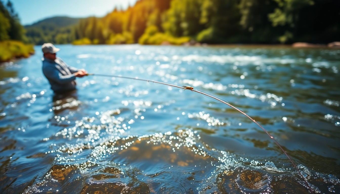 Engaged learner practicing fly fishing lessons near me on a calm river.