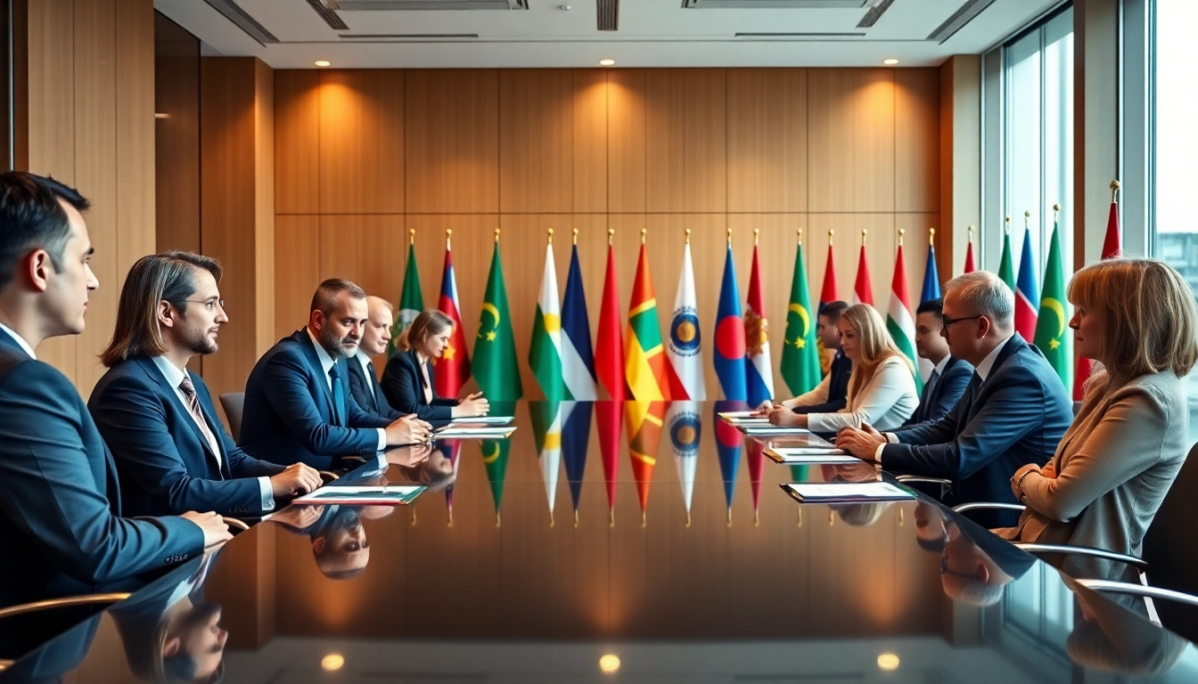 Engaging diplomats discussing trade agreements in a bright, modern conference room.