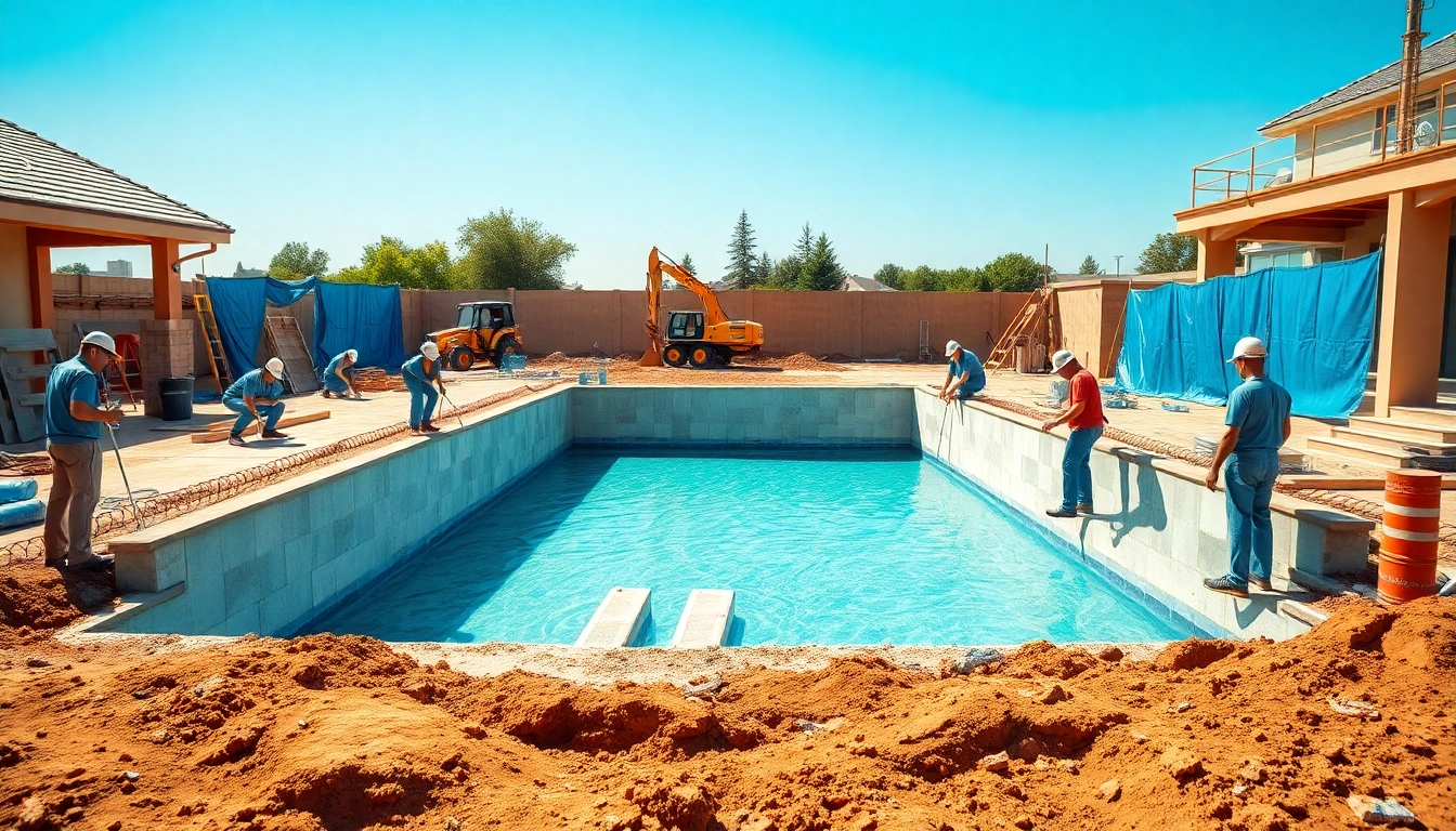 Visualize pool construction process with builders shaping a modern swimming pool on-site.