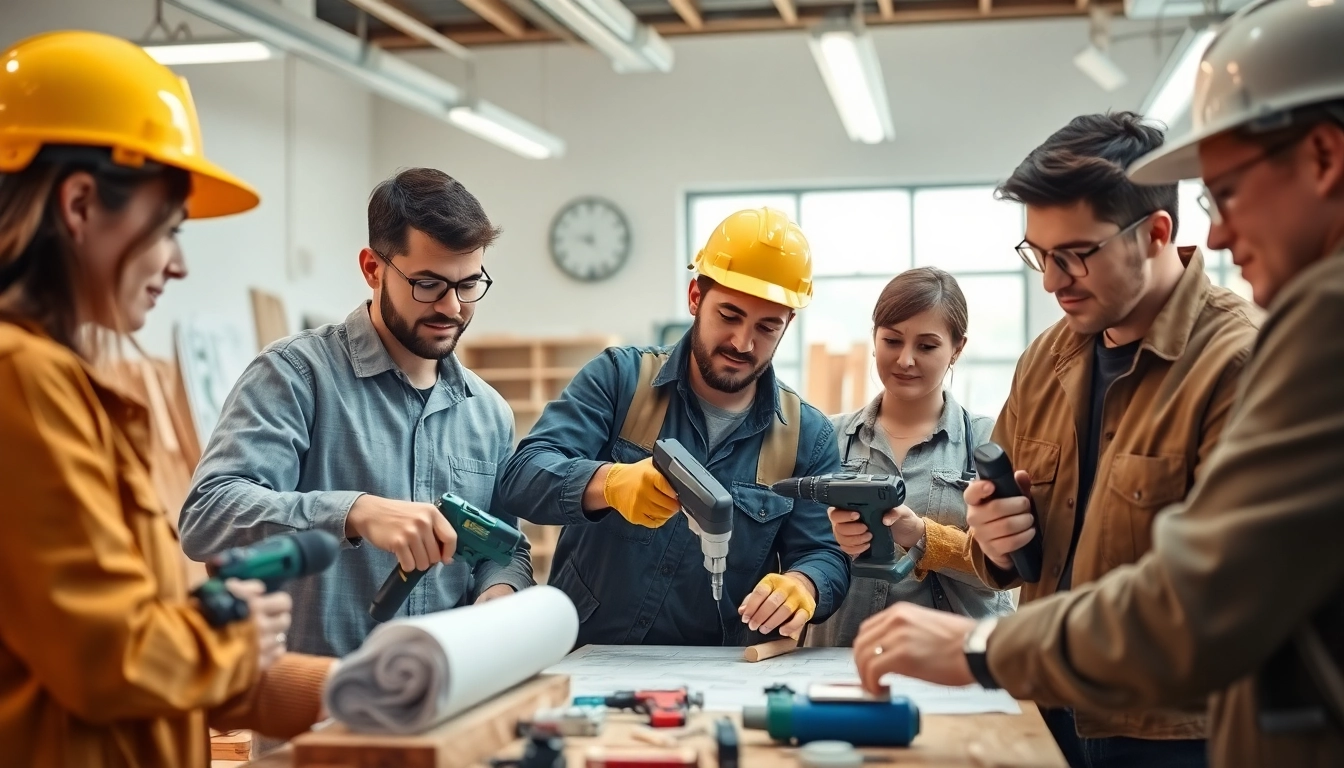 Students in construction trade schools in Texas engaging in hands-on training with tools and blueprints.