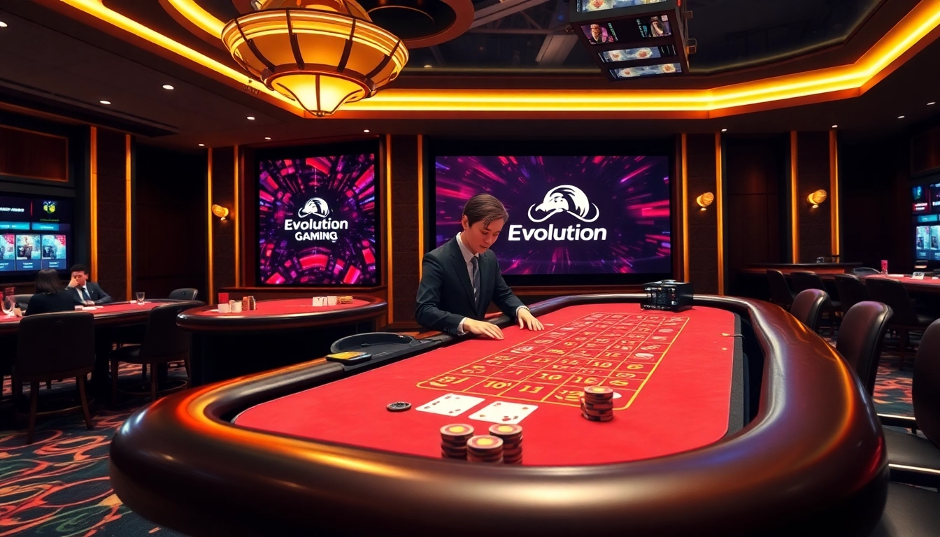 Engaging scene of evolution gaming at a live casino table with a dealer interacting with players.