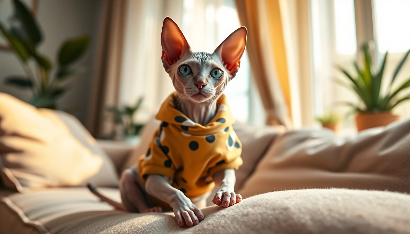 Showcase a Sphynx cat styled in trendy PIKAPIKA Sphynx Clothes, highlighting its unique features.