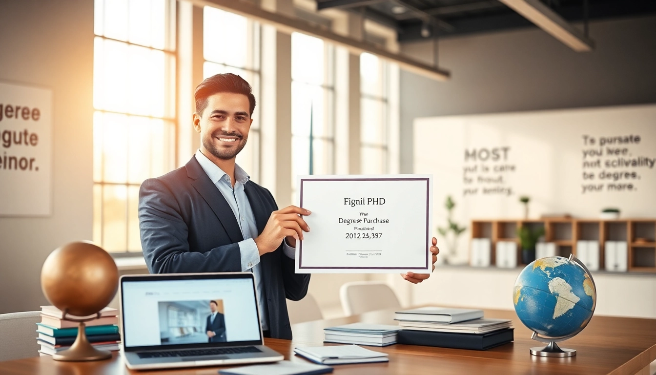 Find where to buy PhD degree amid an academic setting with a confident graduate and engaging props.