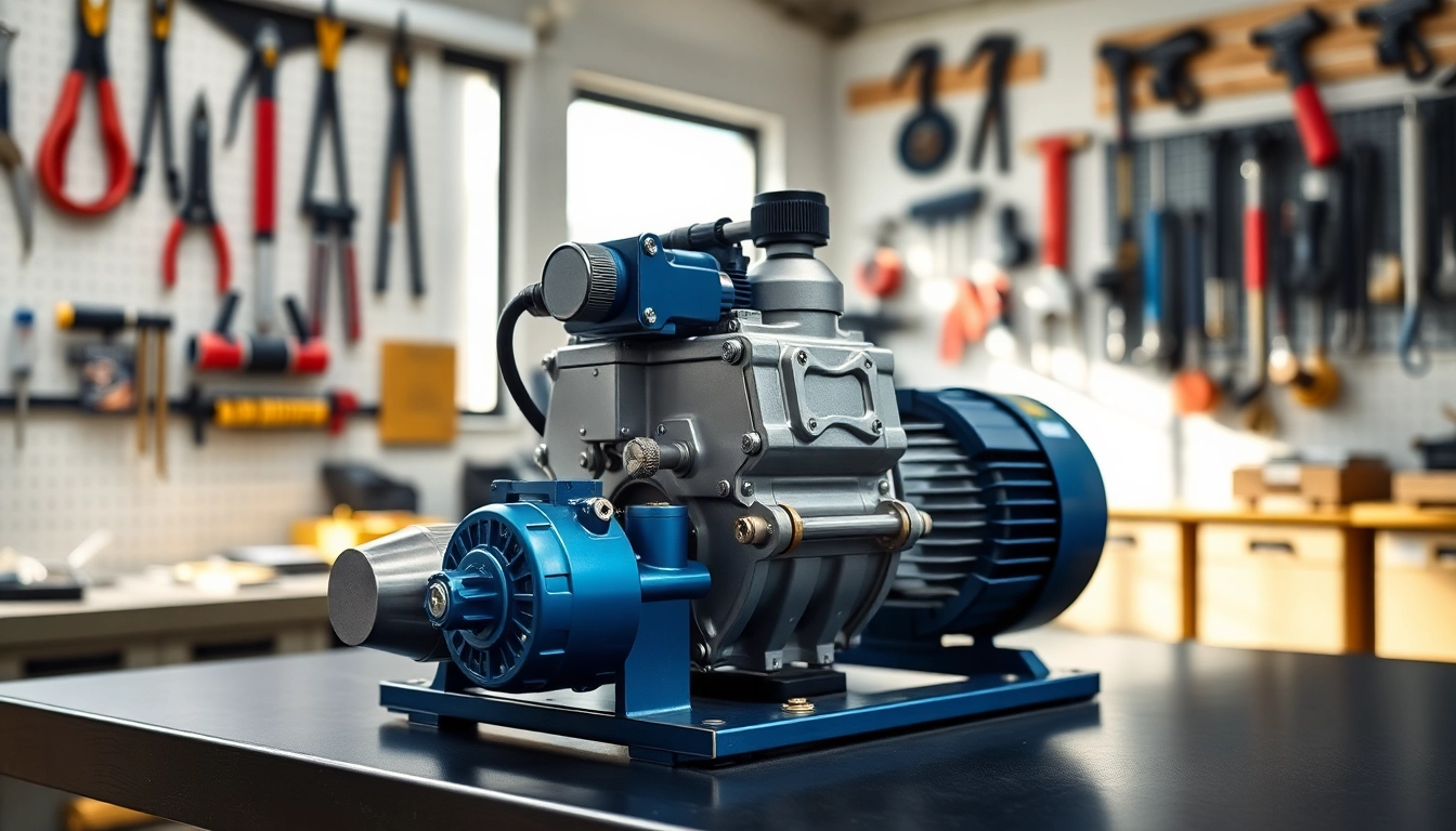 Pneumatic vacuum pump showcased in a workshop setting, emphasizing its design and functionality.