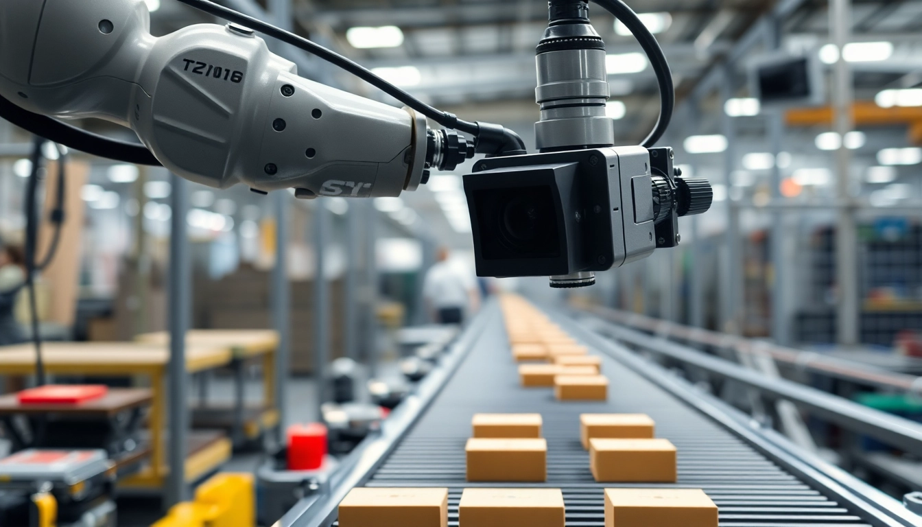 Machine vision technology inspecting products in an industrial factory setting.