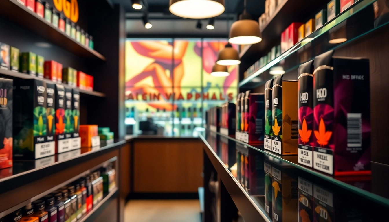 Hqd pods in verschiedenen Geschmäckern auf einem eleganten Regal in einem modernen Vape-Shop