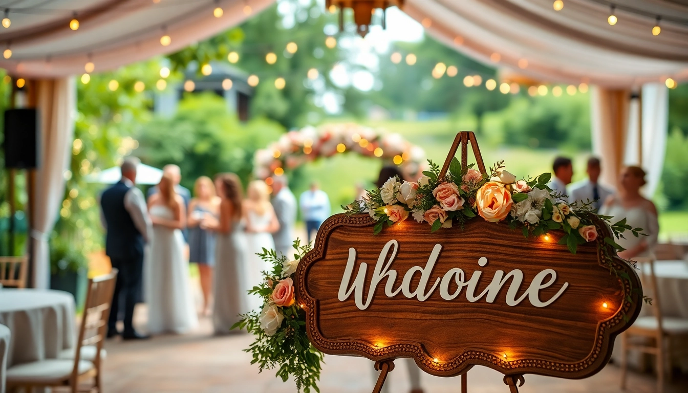 Showcase stunning custom wedding signs among elegant decor at a picturesque wedding reception.