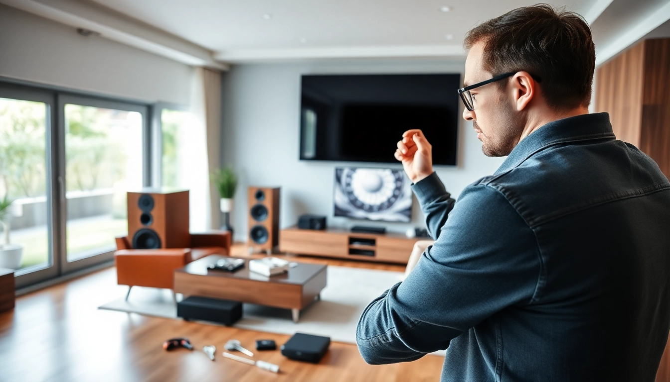Efficient home audio installation near me with a technician professionally setting up a surround sound system.