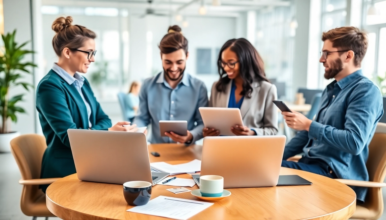 Virtual Assistants engaged in collaboration in a modern office setting, highlighting teamwork and productivity.