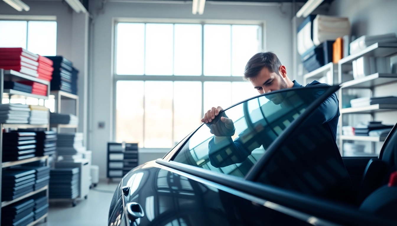 Applying car tint to a vehicle's window, showcasing the professional tinting process in a bright workshop.