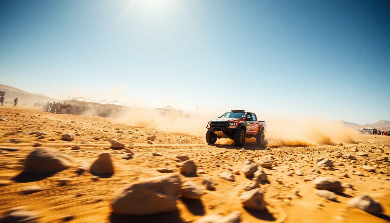 Baja race trophy truck racing across rugged terrain in a vibrant off-road competition scene.