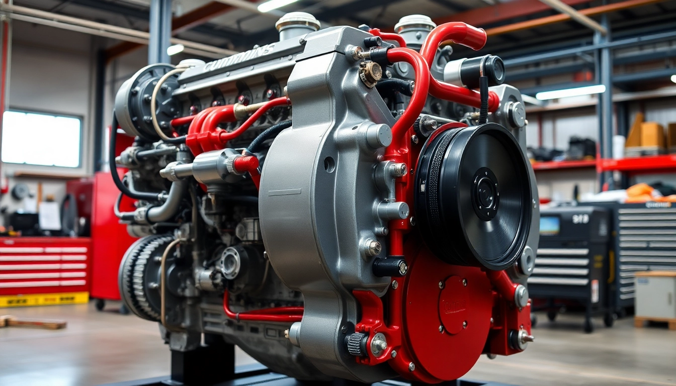 Cummins ISX engine for sale displayed prominently in a workshop, emphasizing its robust features.