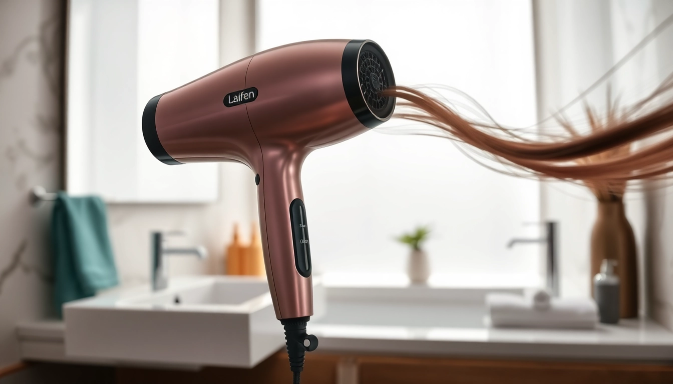 Showcase the Laifen hair dryer in a stylish bathroom, emphasizing its sleek design and innovative features.