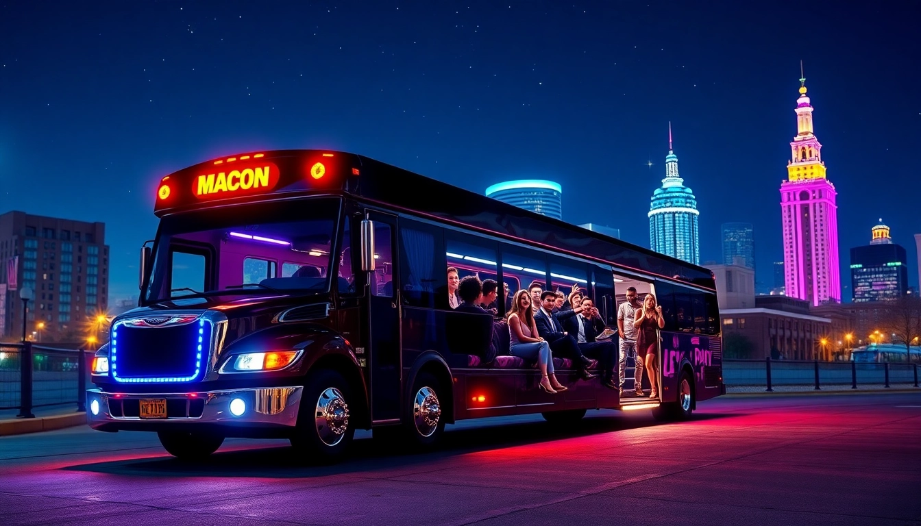 Rent a luxurious macon party bus for a thrilling night out with friends in vibrant city settings.