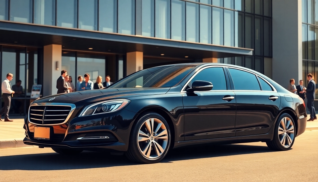 Offering chauffeur services for corporate events with a luxury sedan parked at a modern office.