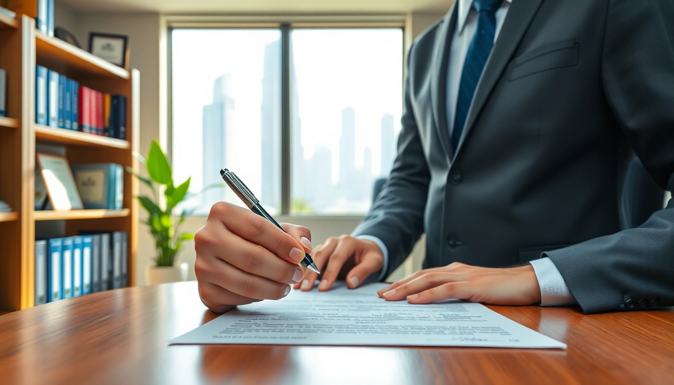 Signing an ejari cancellation form in a professional office with Dubai skyline view.
