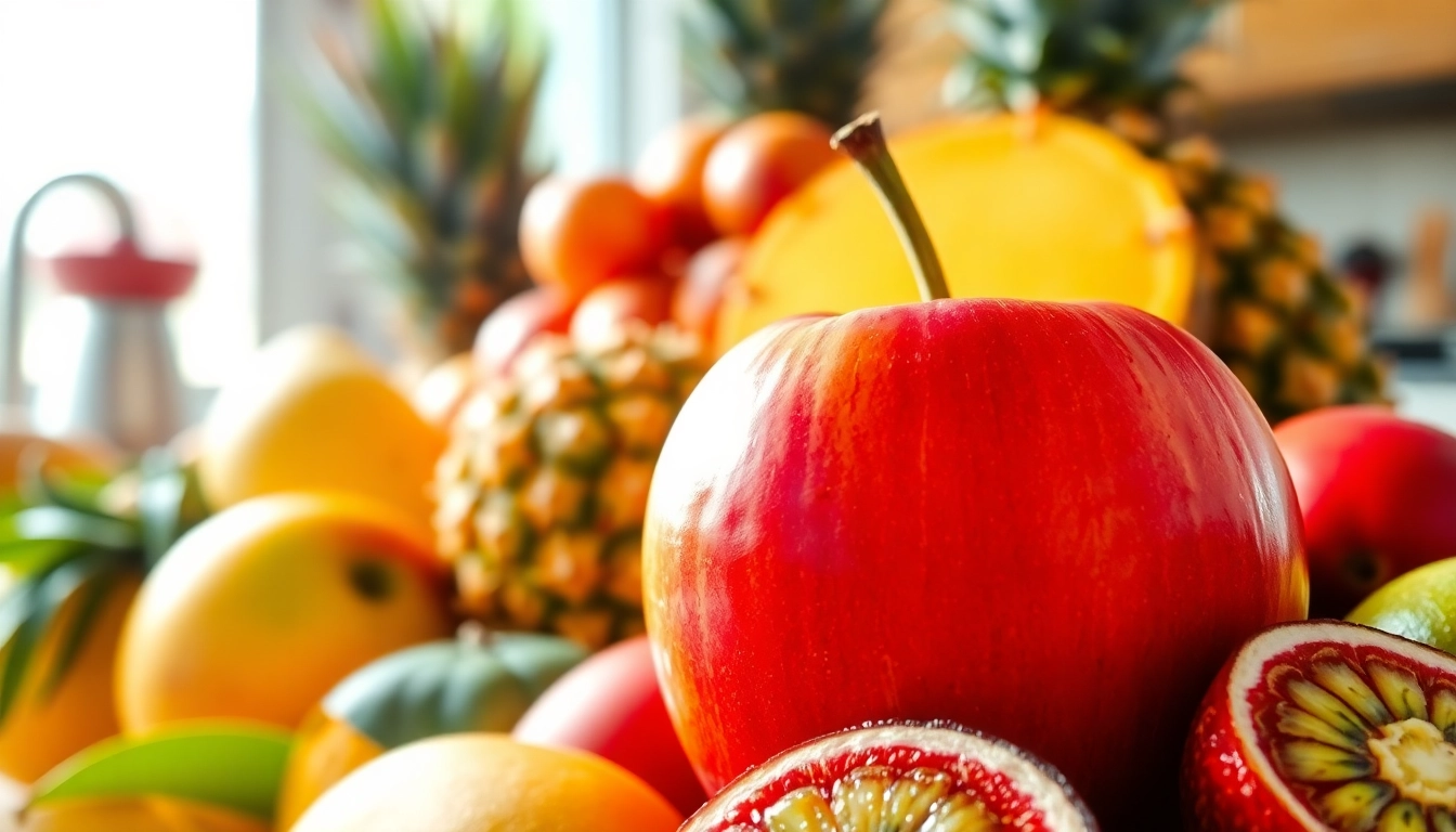 Ambrosia apple surrounded by tropical fruits, showcasing freshness and vibrancy in a bright setting.
