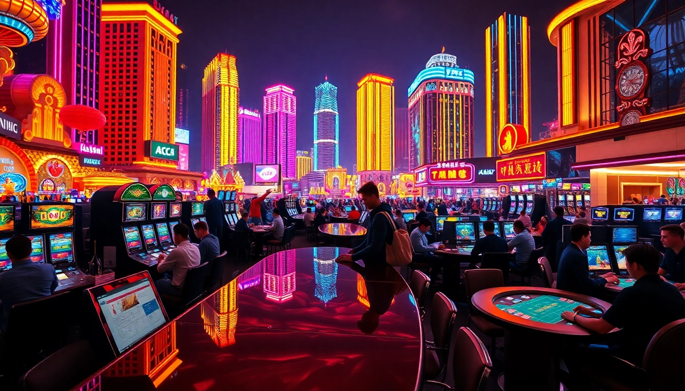 Menghadirkan hasil permainan di Macau, suasana kasino yang ramai dengan pencahayaan neon yang cerah.