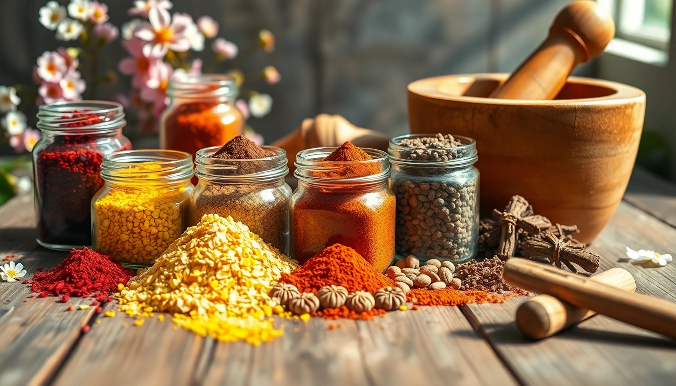 Showcasing vibrant oriental spices in glass jars on a rustic table, highlighting their vivid colors.