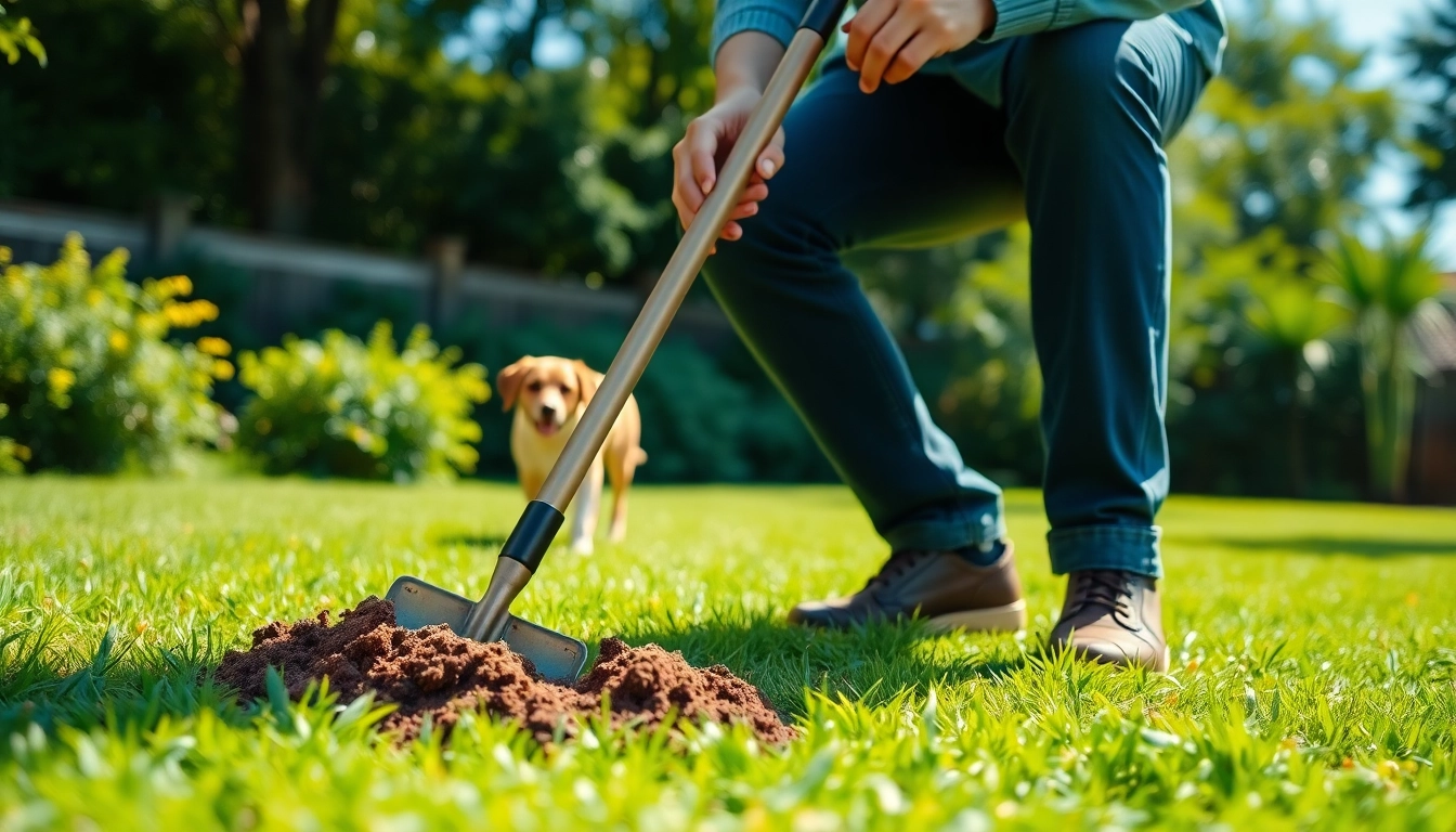 Dog owner cleaning up dog poop in a backyard, emphasizing the importance to clean up dog poop.