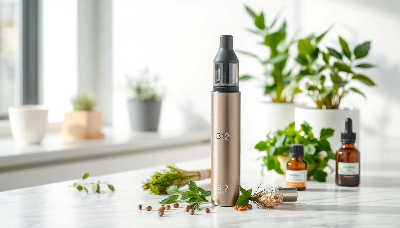 Experience the innovative B12 vape device in a trendy wellness setup, promoting health.
