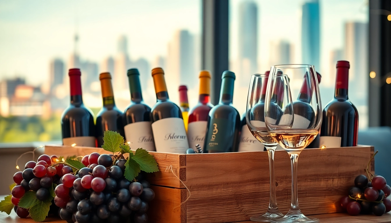 Convenient wine delivery Toronto featuring a stylish wooden crate, various wine bottles, and fresh grapes.