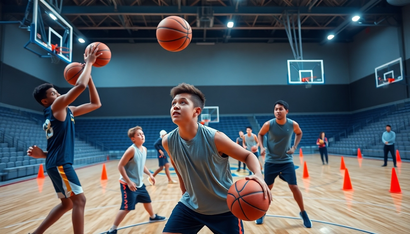 Improve basketball training programs with athletes practicing intense drills in a vibrant gym environment.