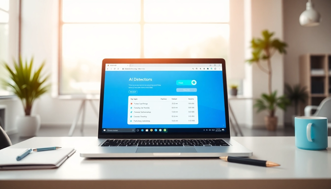 Analyze content with an ai checker tool displayed on a laptop in a bright, modern office.