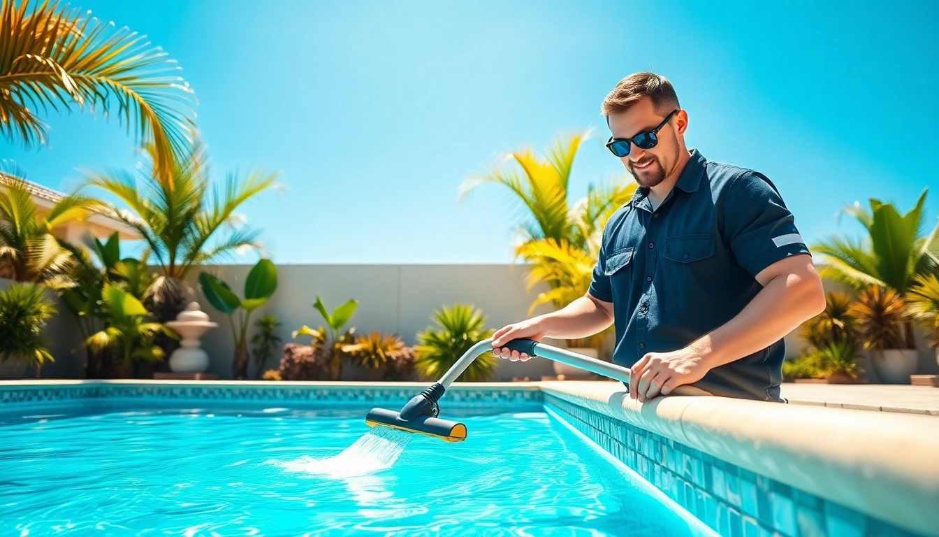 Offering expert swimming pool service Pinellas County with skilled technicians in a sunny backyard setting.