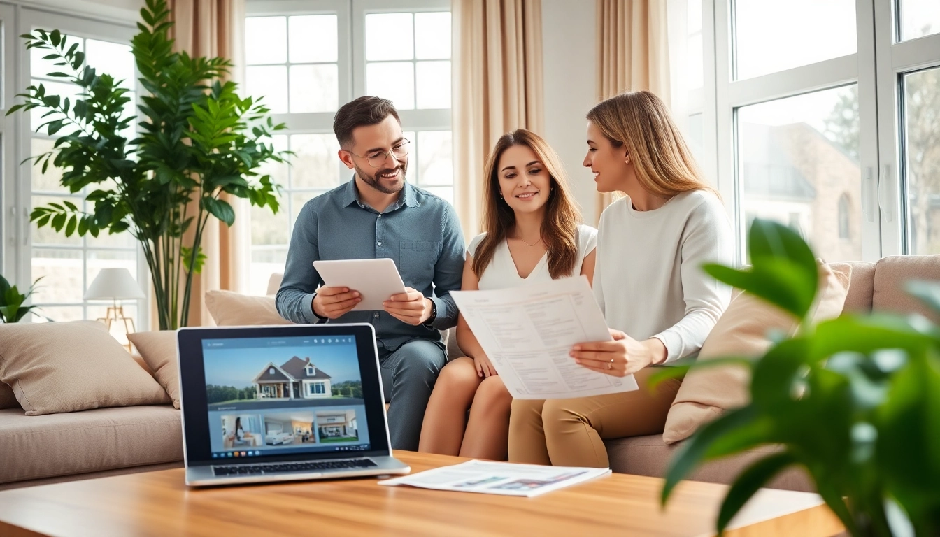 Engaging couple meets real estate agent for wohnung verkaufen nürnberg discussion in a bright, modern living room.