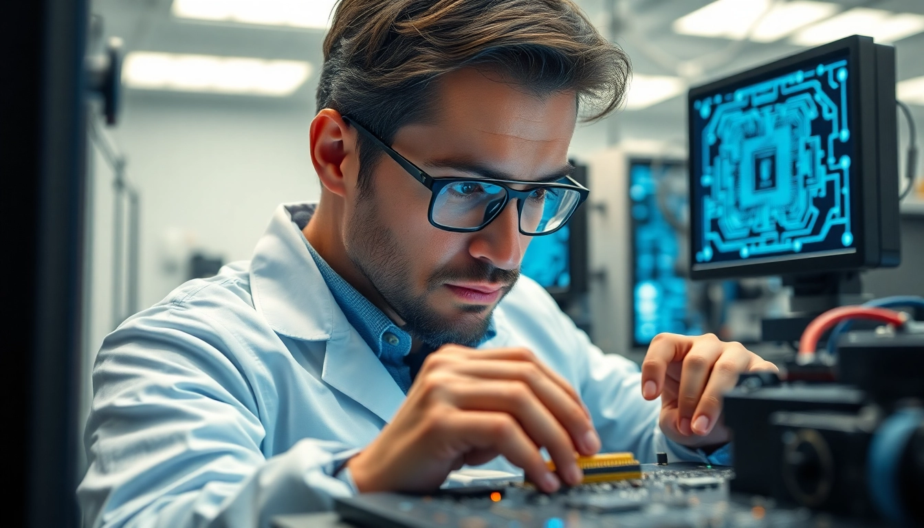 AMERICAN engineer designing microchips in a high-tech lab filled with advanced equipment.