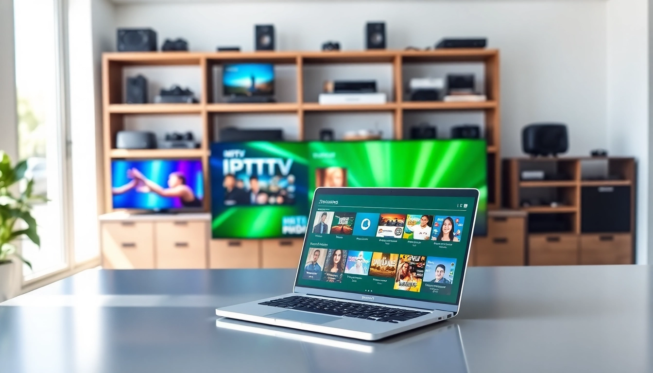 Visual representation of an IPTV Reseller Panel setup in a modern office, featuring multiple displays.