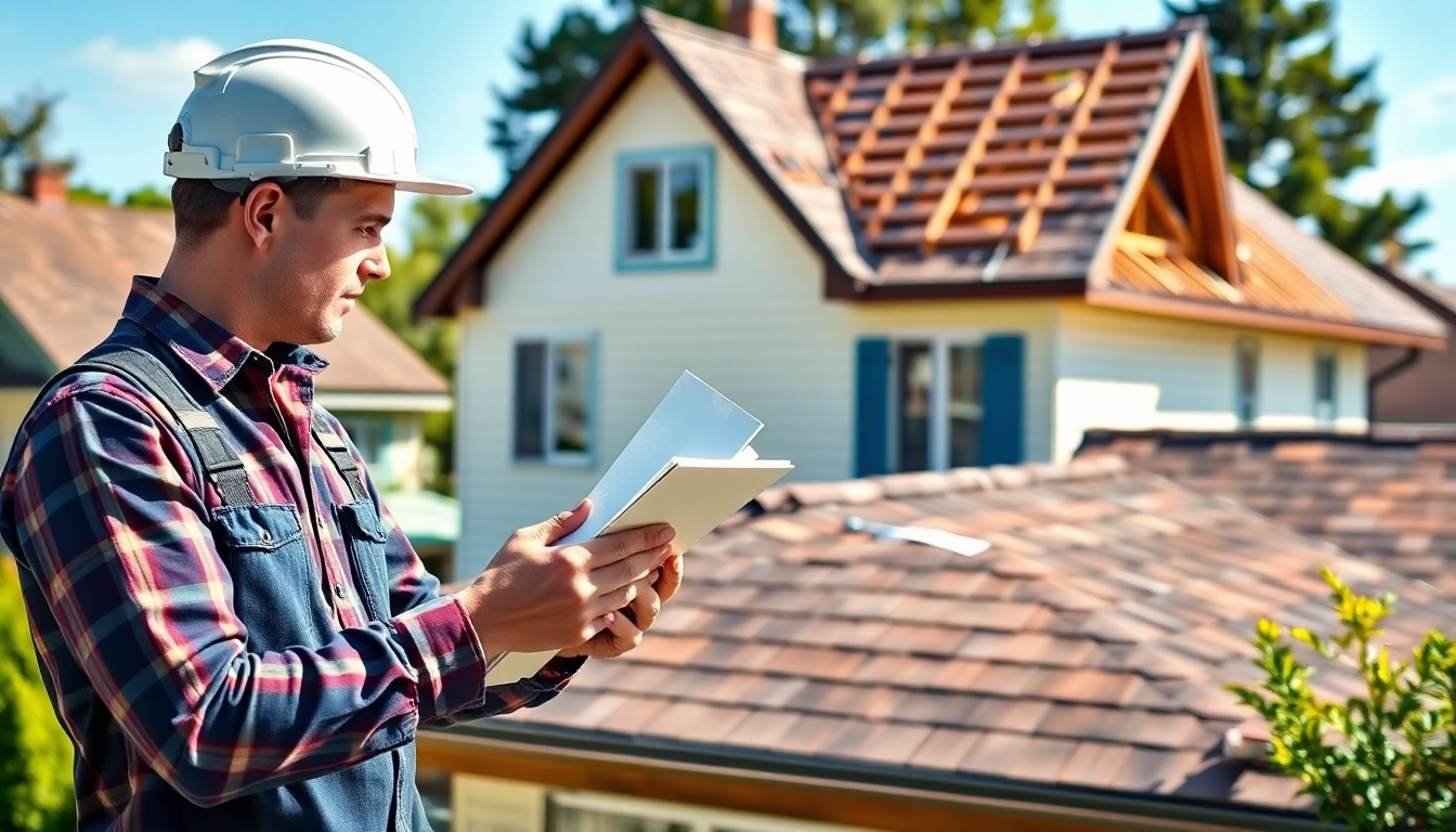 Showcasing residential roof replacement with a contractor examining roofing materials in a sunny setting.