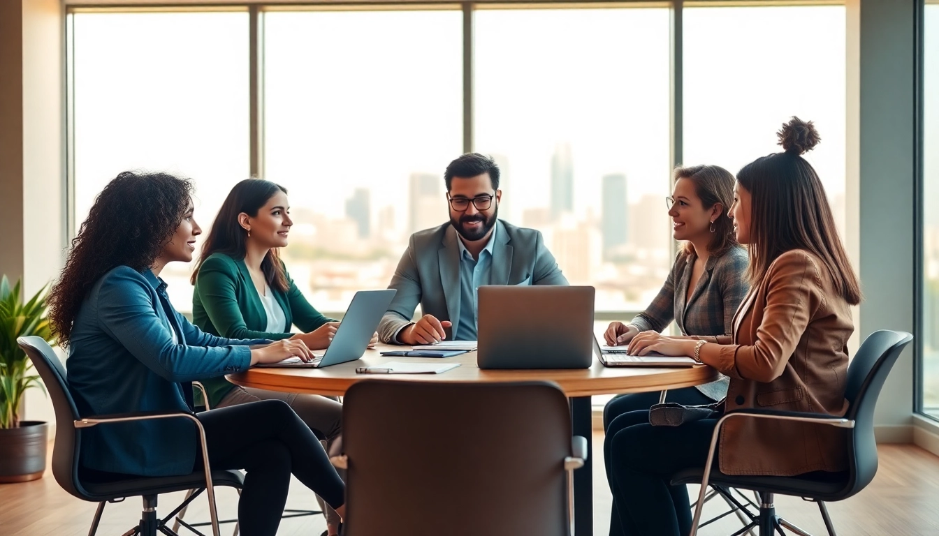 Engaged group discussing business coaching service strategies in a bright modern office.