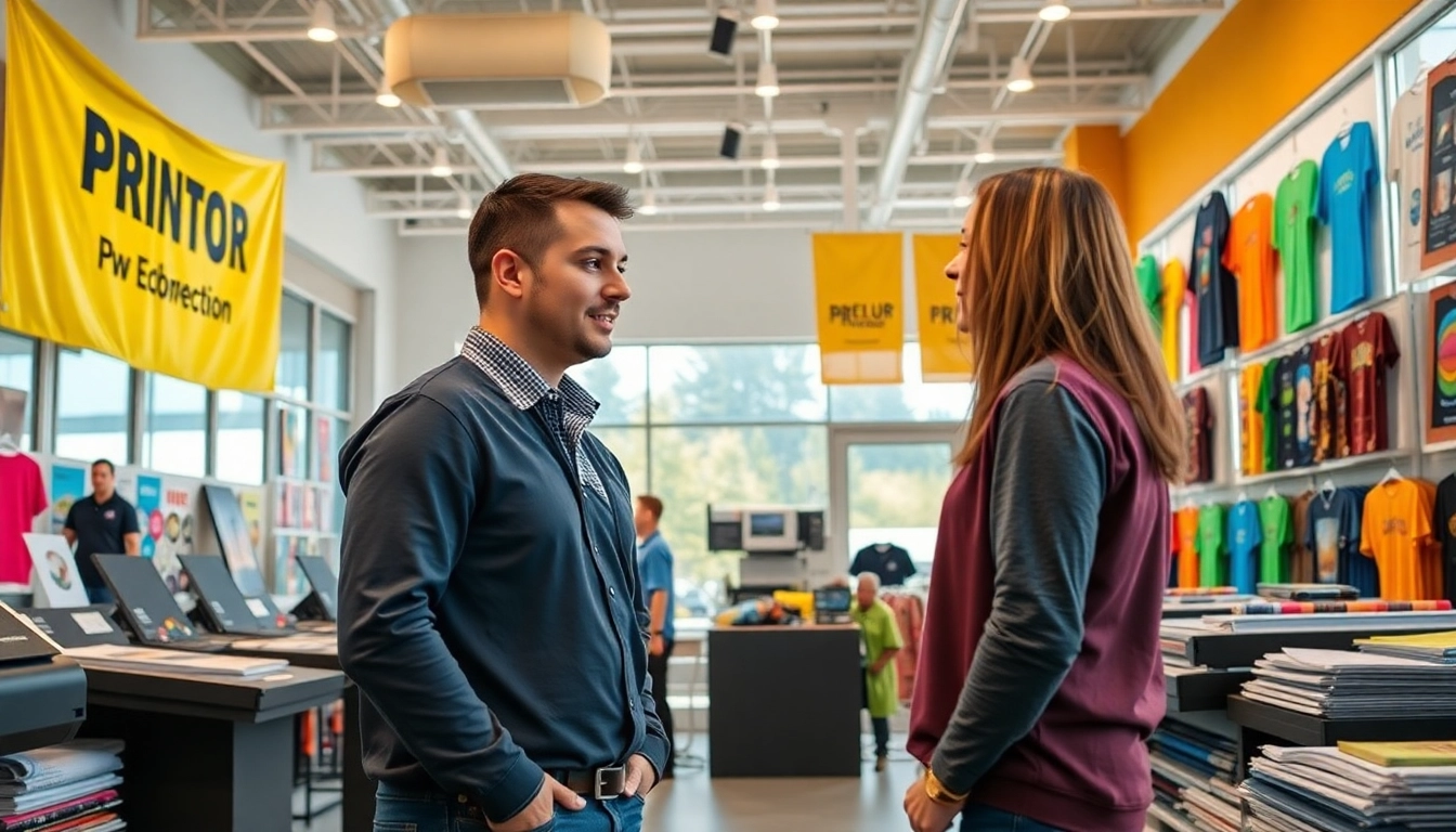 Vibrant interior of an edmonton print shop showcasing printing services and customer interaction.