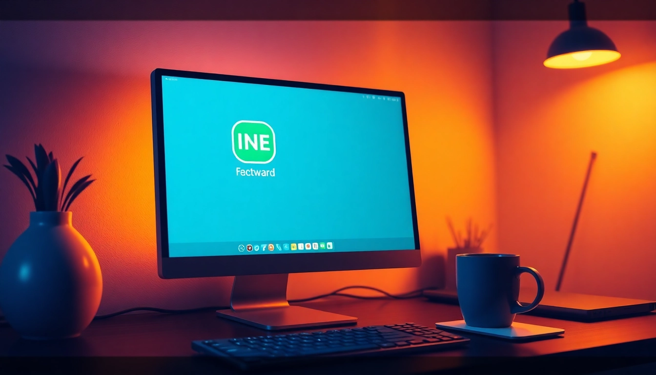 Download 電腦版line下載 on a sleek computer setup with a stylish keyboard and coffee cup.