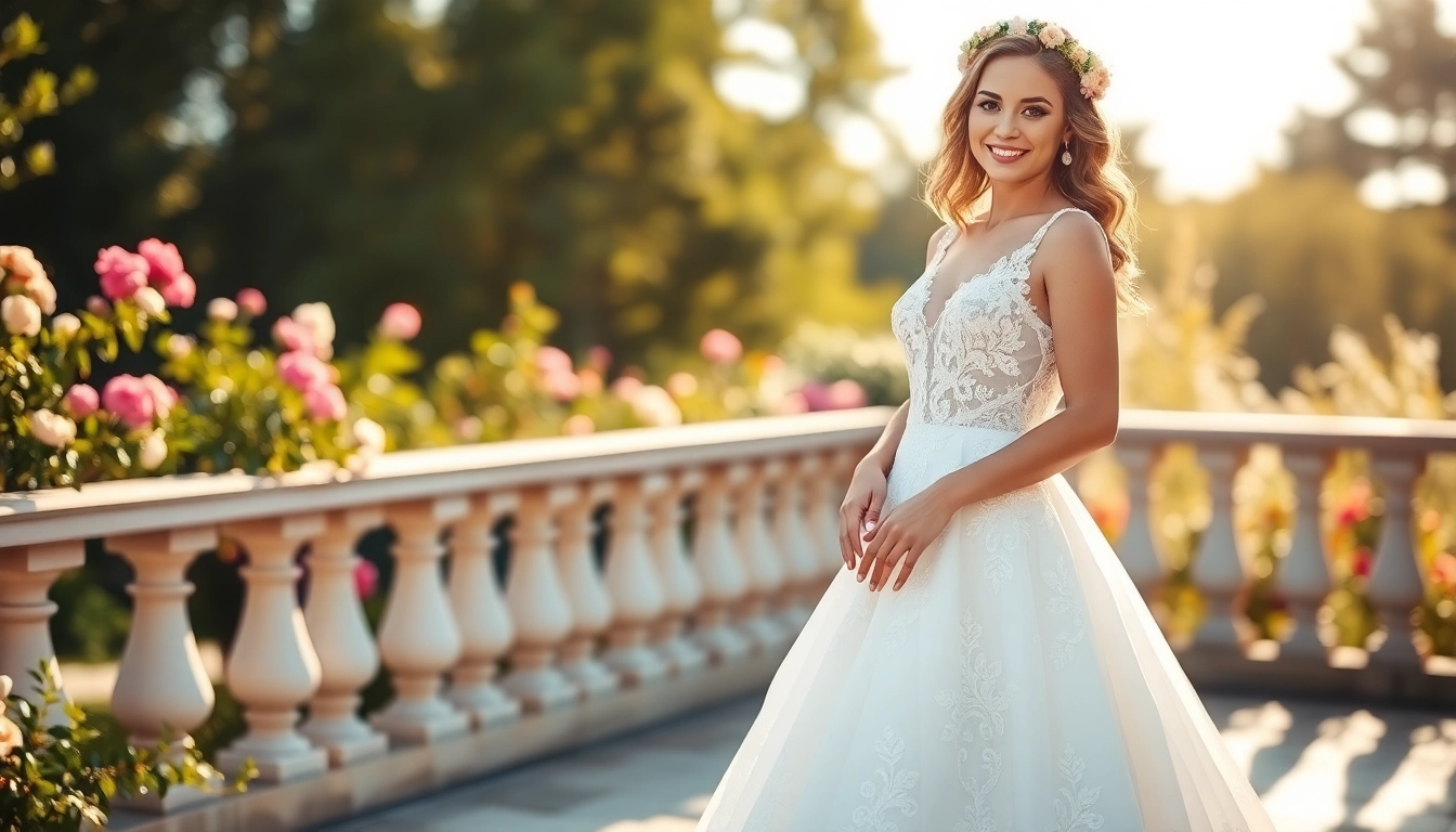 Bride showcasing Fit and Flare Wedding Dresses in a romantic garden setting.
