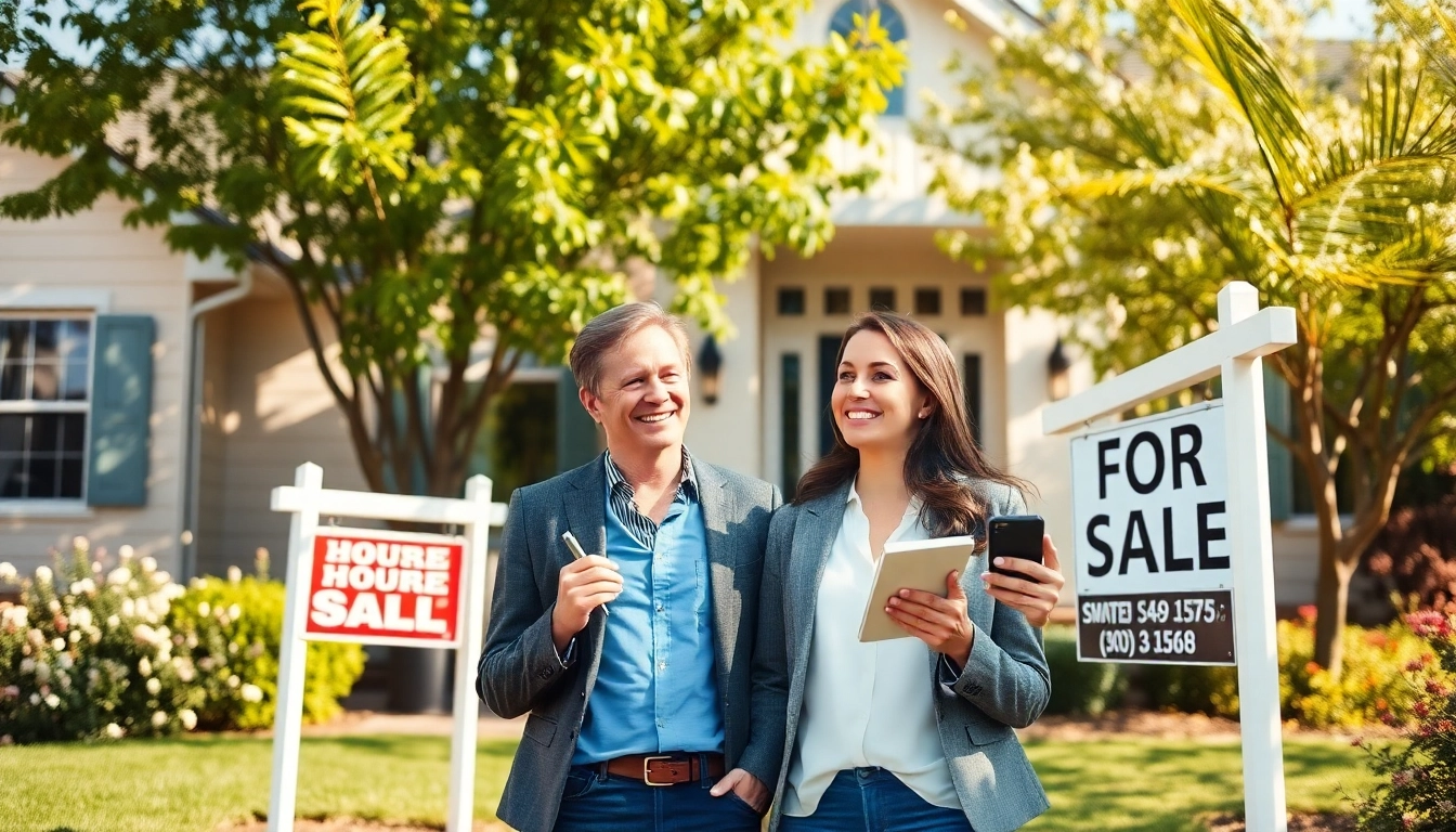 Couple eager to sell their house urgently standing in front of a home for sale.