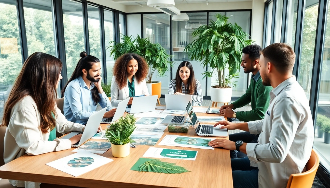 Team brainstorming in a cannabis marketing agency to create innovative marketing strategies.