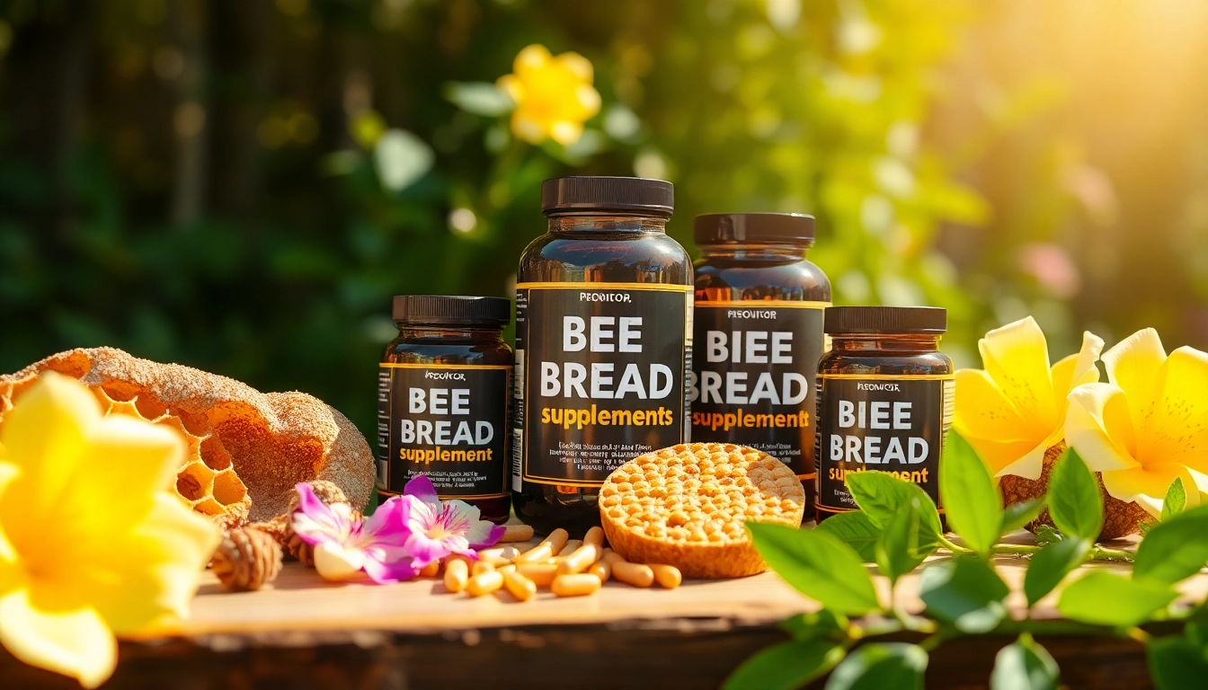 Promote bee bread supplements with a vibrant display showing natural ingredients and health benefits.