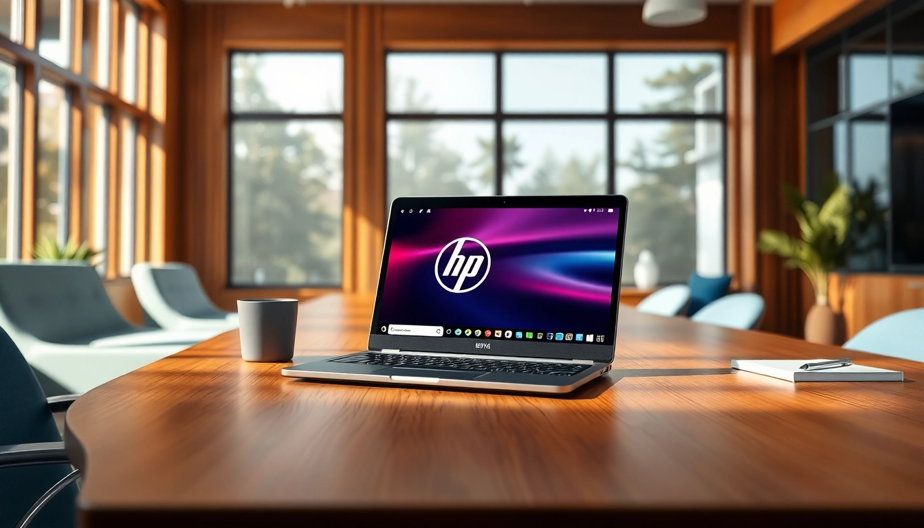Showcase of a HP Laptop on a modern desk highlighting productivity.