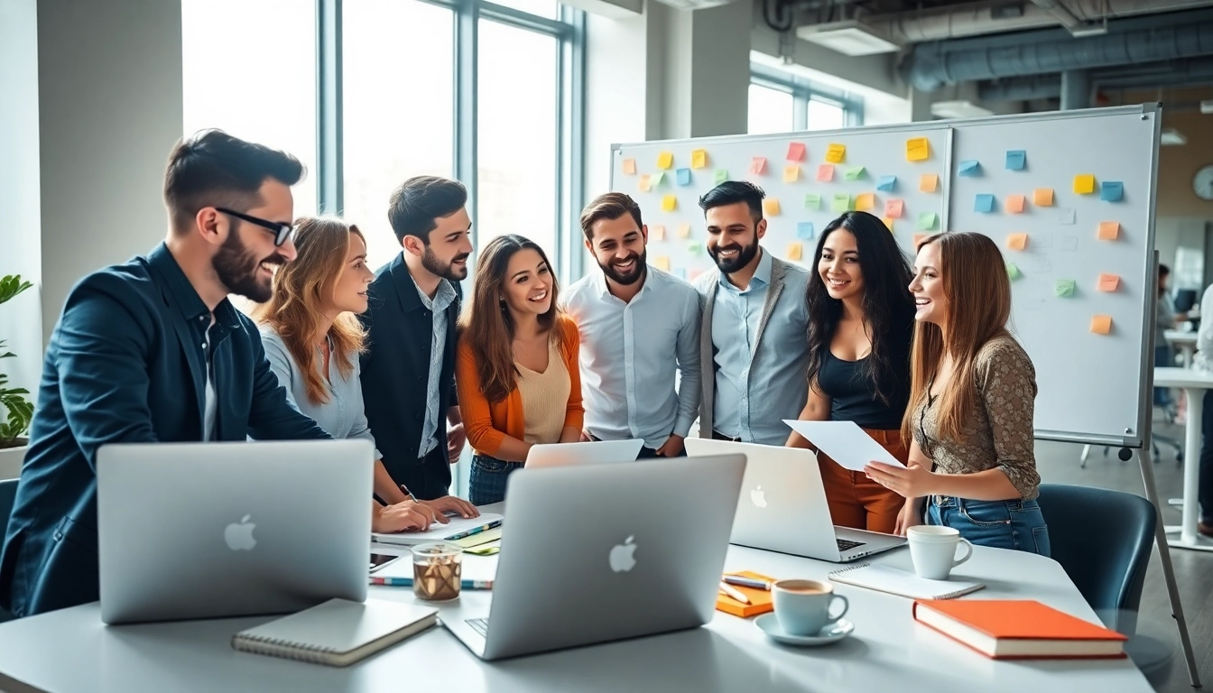 Dynamic social media agency team collaborating in a modern office environment.