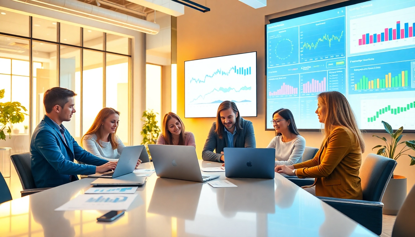 Dynamic scene of a Google Ads Agency team analyzing data in a modern office environment.