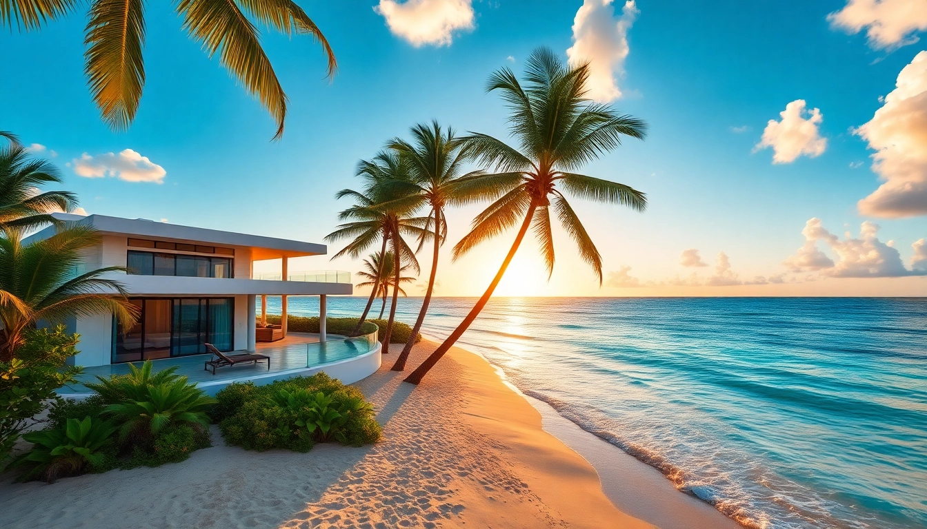 Showcasing exquisite Belize Real Estate with a modern villa by the beach at sunset.