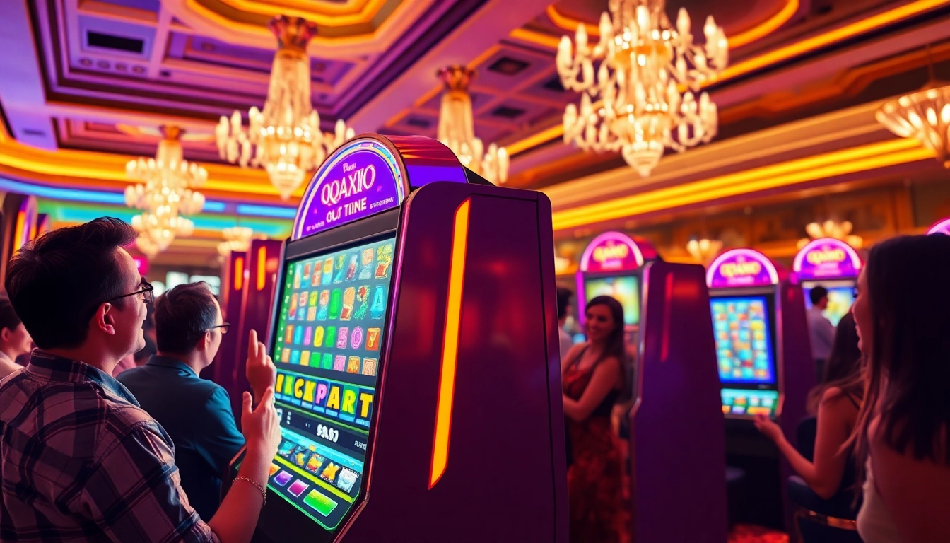 Menangkan QQAXIOO slot dengan mesin slot berwarna-warni dan suasana kasino yang meriah.