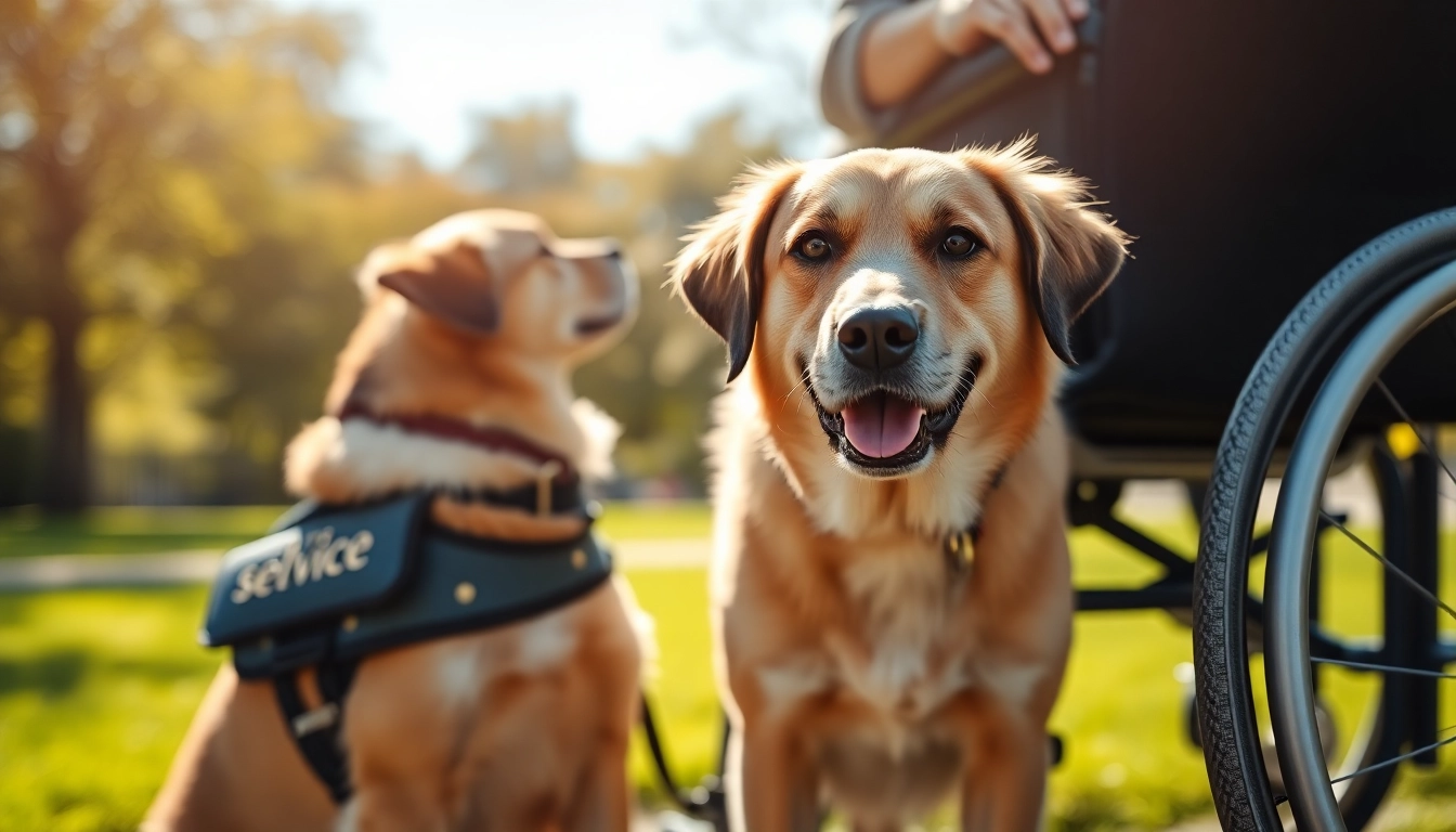 Observing how to get a service dog with a trained service dog helping its handler in a park.