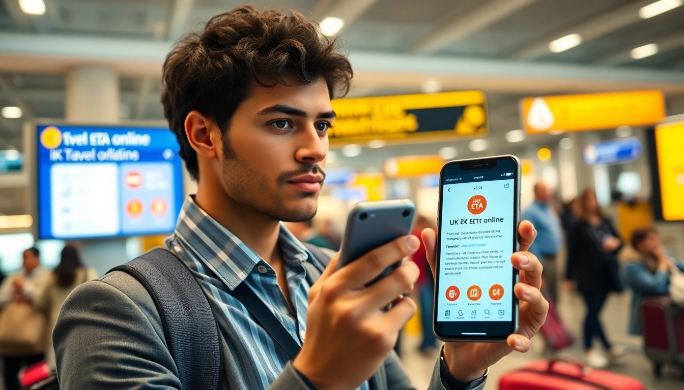 Apply for the uk eta online application using a smartphone at an airport.