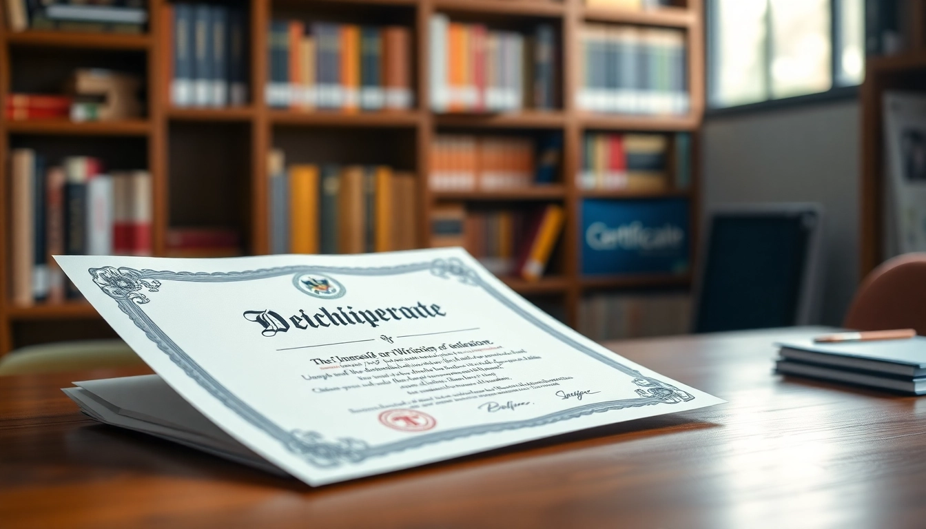 Buy a fake diploma displayed on a desk, emphasizing quality and professionalism.