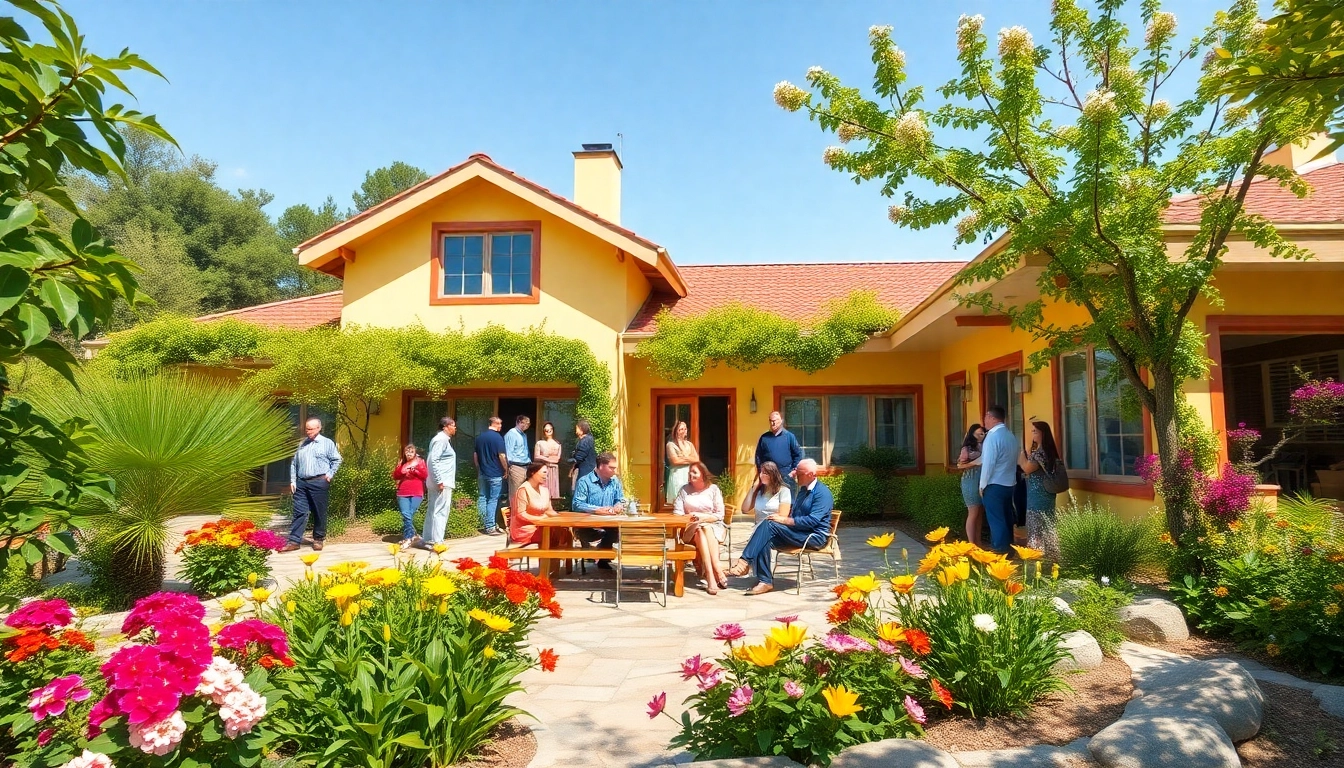 Groups enjoying a vibrant Gruppenunterkunft retreat house in a beautiful nature setting.
